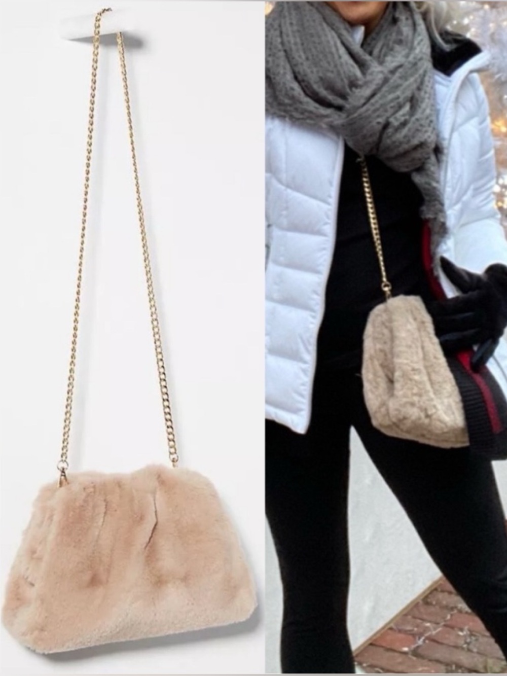 Anthropologie Fuzzy Chain Crossbody Purse The Frankie Clutch Beige Faux Fur Bag